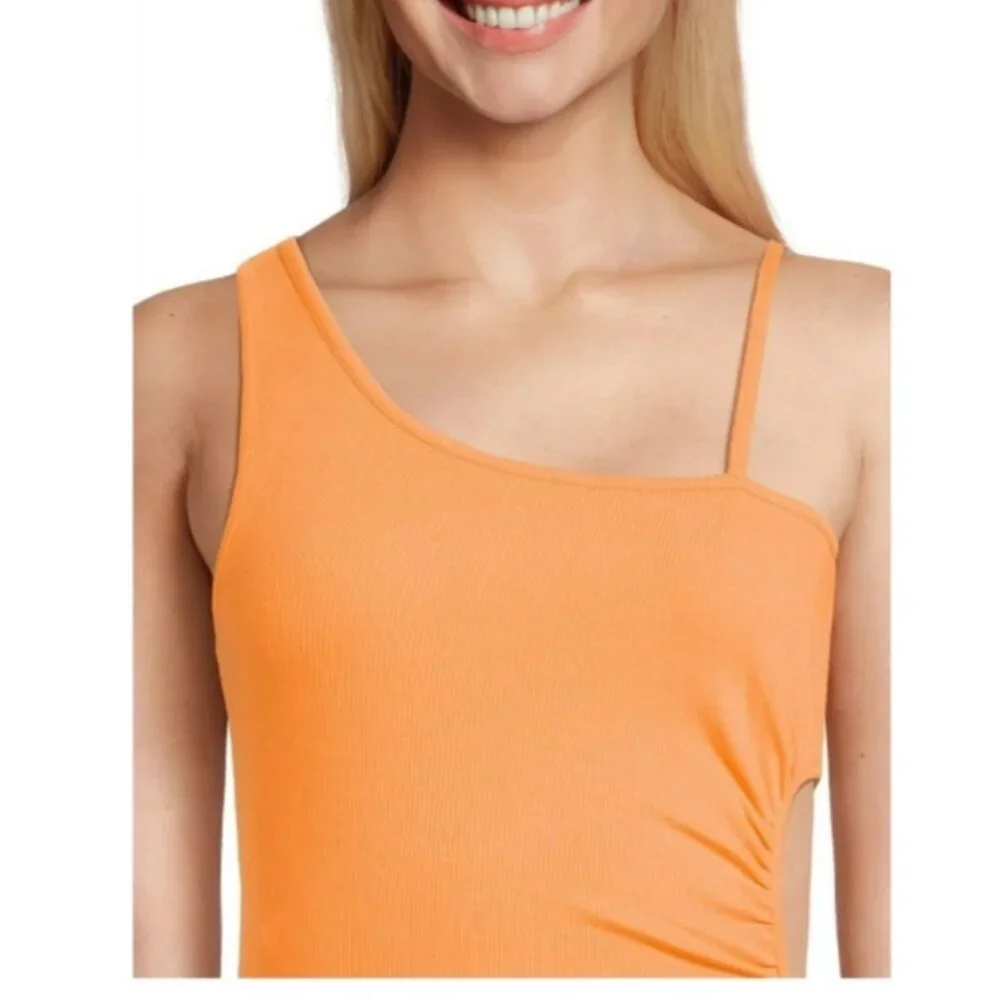 Women's 2X Orange Dress Madden NYC Asymmetrical Neckline Shirred Side Cut Out - Picture 5 of 14